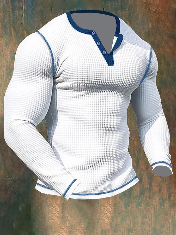 Lenn - Herren-Sport-Langarm-T-Shirt mit Waffelmuster und Henley-Kragen