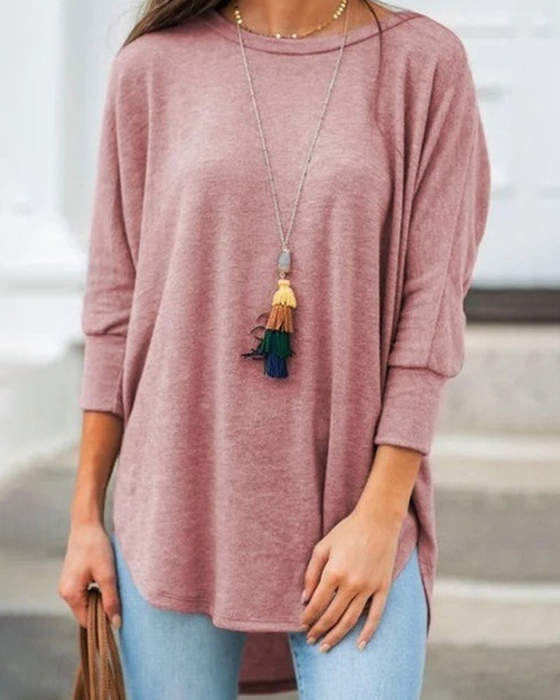 Einfarbiges Strickoberteil mit Rundhalsausschnitt und Dreiviertelärmeln