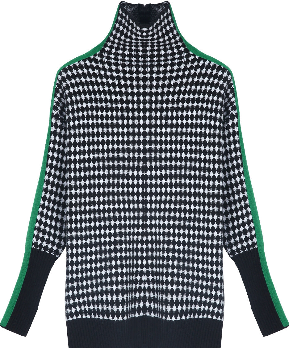 Even&Vil® - Grün gestreifter Pullover mit schwarzem und weißem Rautenmuster
