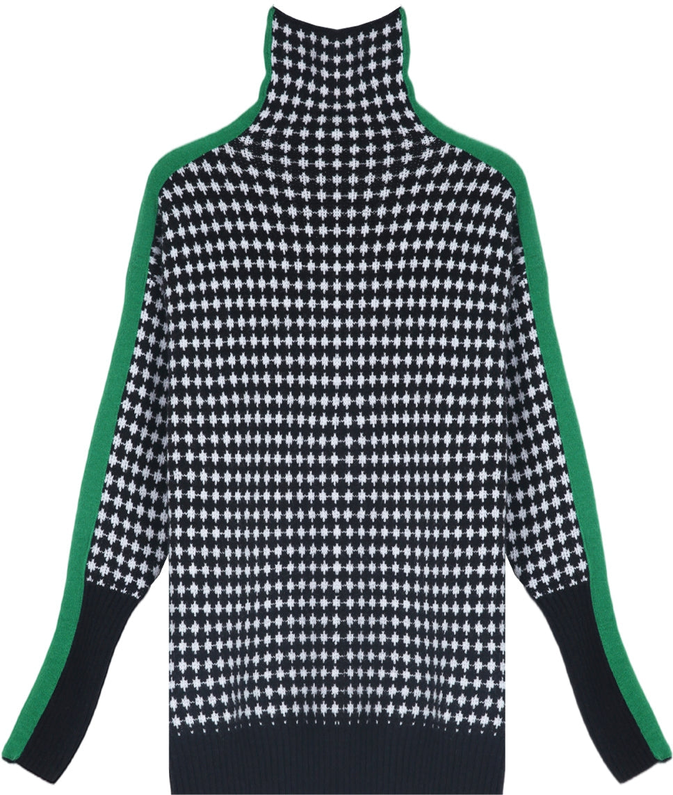 Even&Vil® - Grün gestreifter Pullover mit schwarzem und weißem Rautenmuster