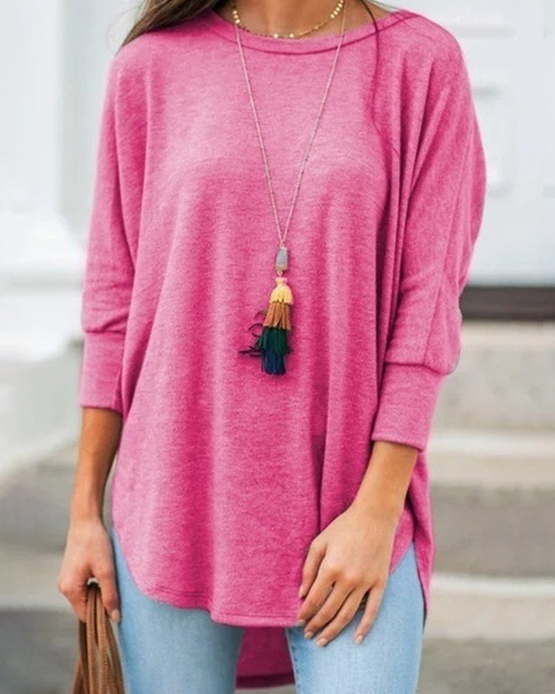 Einfarbiges Strickoberteil mit Rundhalsausschnitt und Dreiviertelärmeln