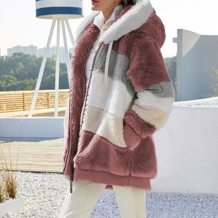 Kuschelige Frauen Plüschjacke mit Kapuze in Mehrfarbig für Herbst/Winter