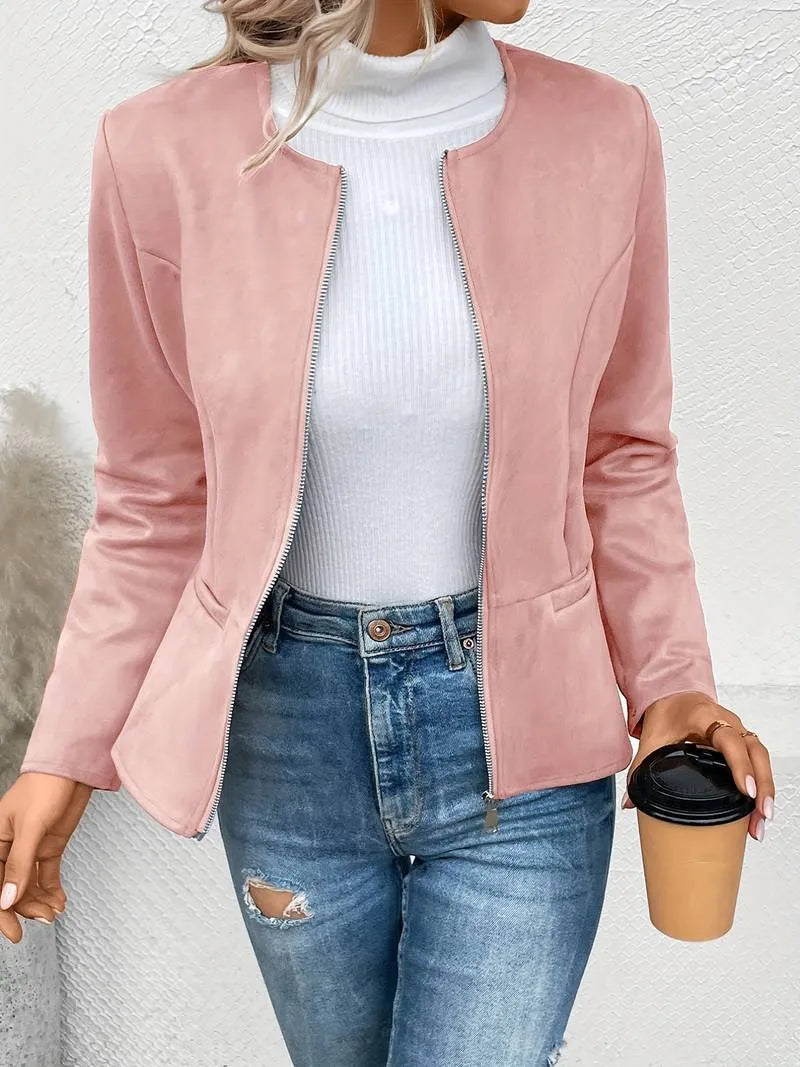 Frauen Herbst Winter Jacke mit Rundhalsausschnitt Casual Look