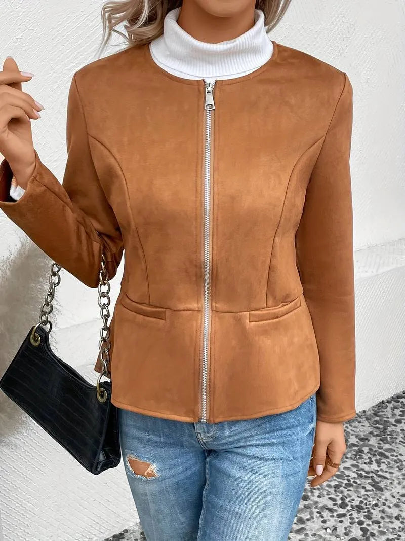 Frauen Herbst Winter Jacke mit Rundhalsausschnitt Casual Look
