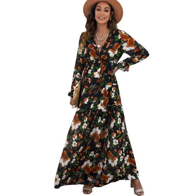 Bianca - Florales Maxikleid in Dunkelgrün