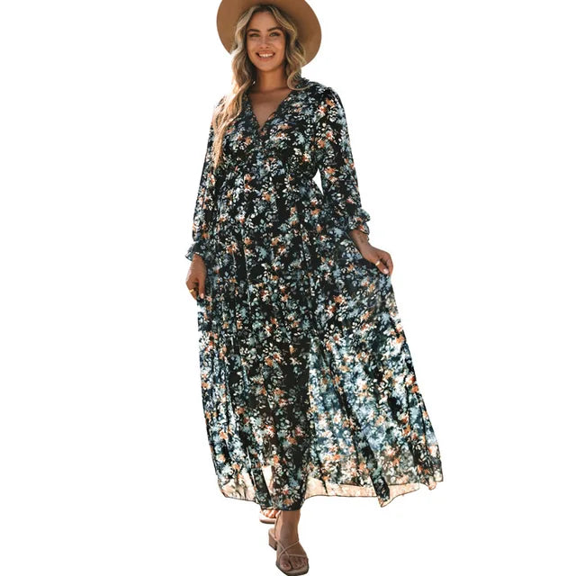 Bianca - Florales Maxikleid in Dunkelgrün