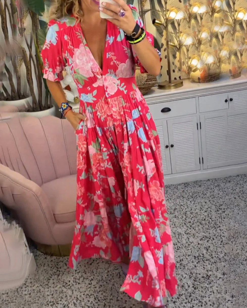 CHIARA VARILO - Elegantes Maxi-Kleid mit Blumenmuster & V-Ausschnitt für den Frühling/Sommer