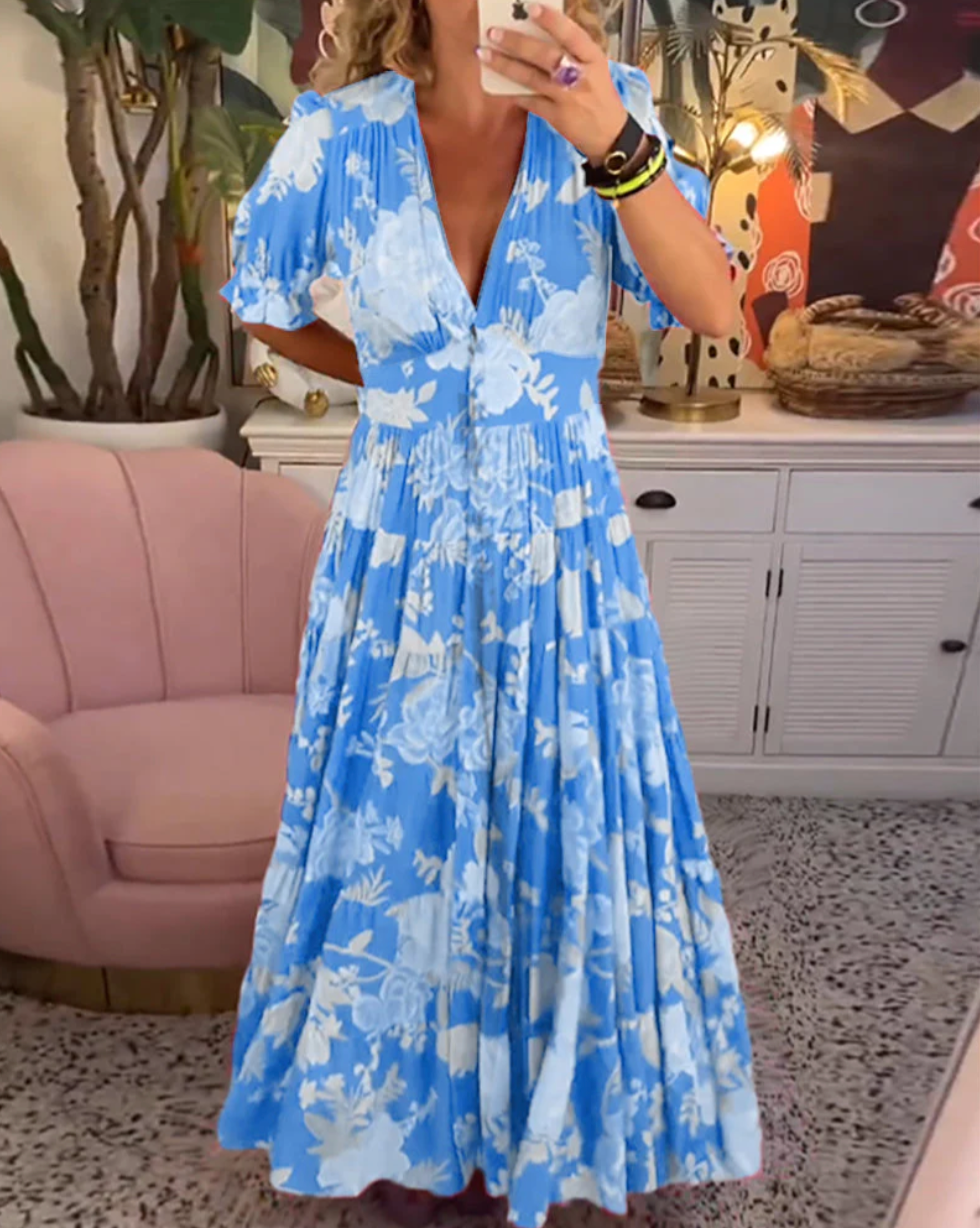 CHIARA VARILO - Elegantes Maxi-Kleid mit Blumenmuster & V-Ausschnitt für den Frühling/Sommer
