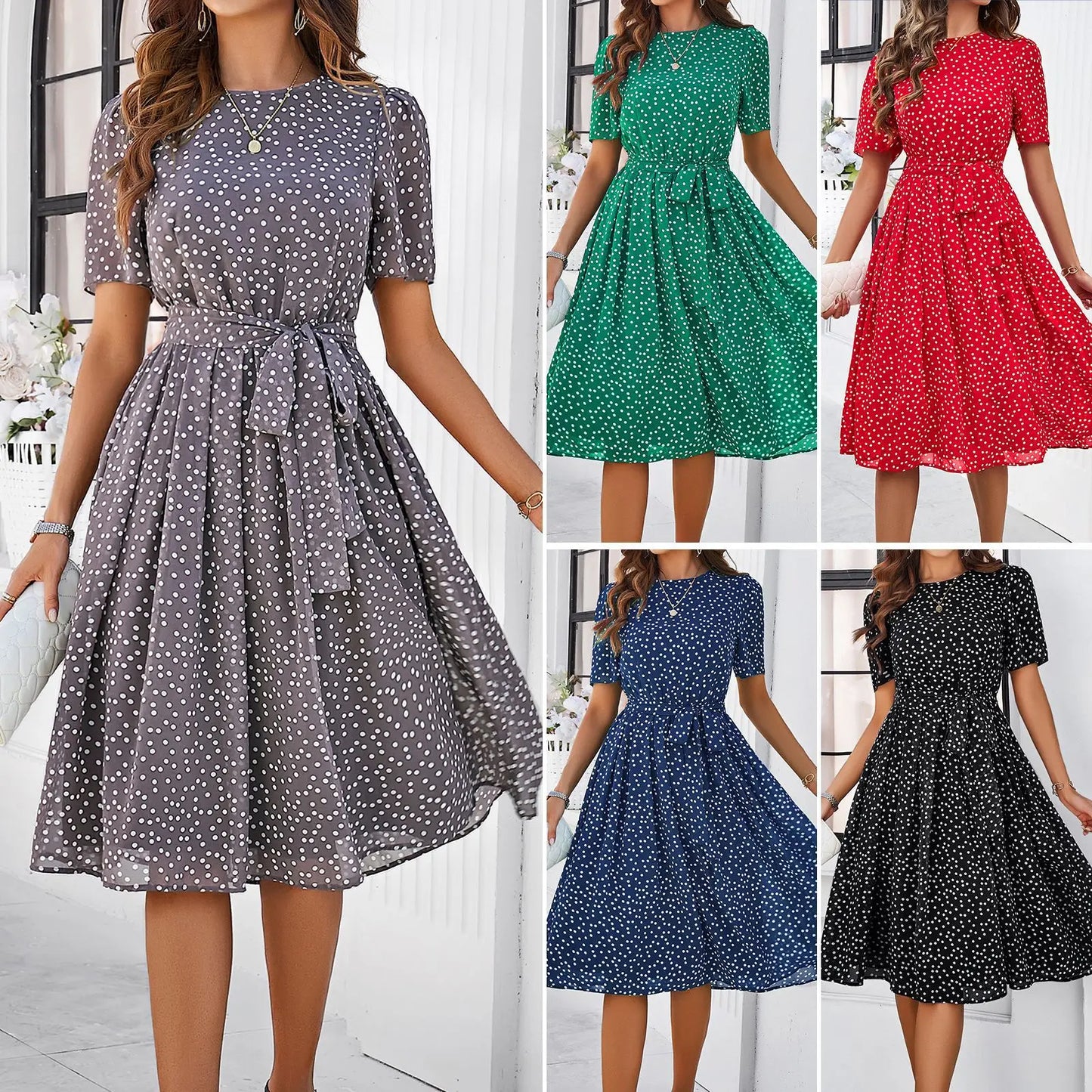 Charlotte - Graues Tupfenkleid im Retro-Stil
