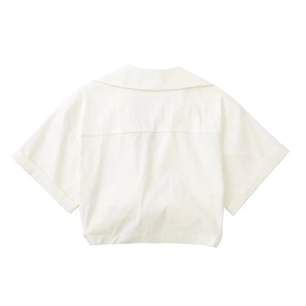 Hilda - Damen Vintage Kurzarm Leinen Crop Shirt