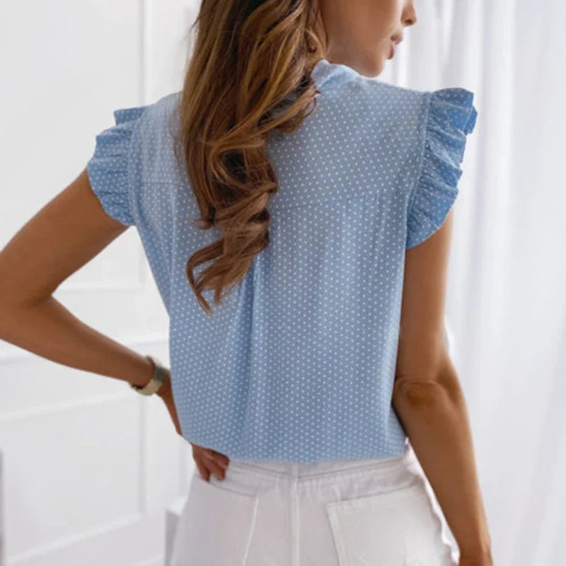 Bettina - Damen Sommerliche Ärmellose Bluse mit Polka Dots, Rüschen und Schleifen-Detail