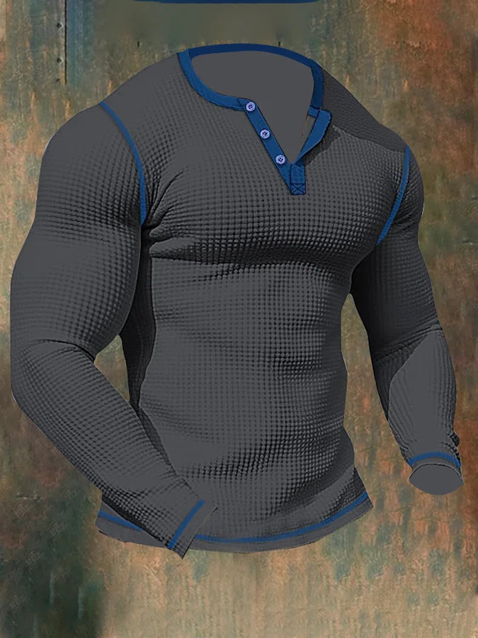 Lenn - Herren-Sport-Langarm-T-Shirt mit Waffelmuster und Henley-Kragen