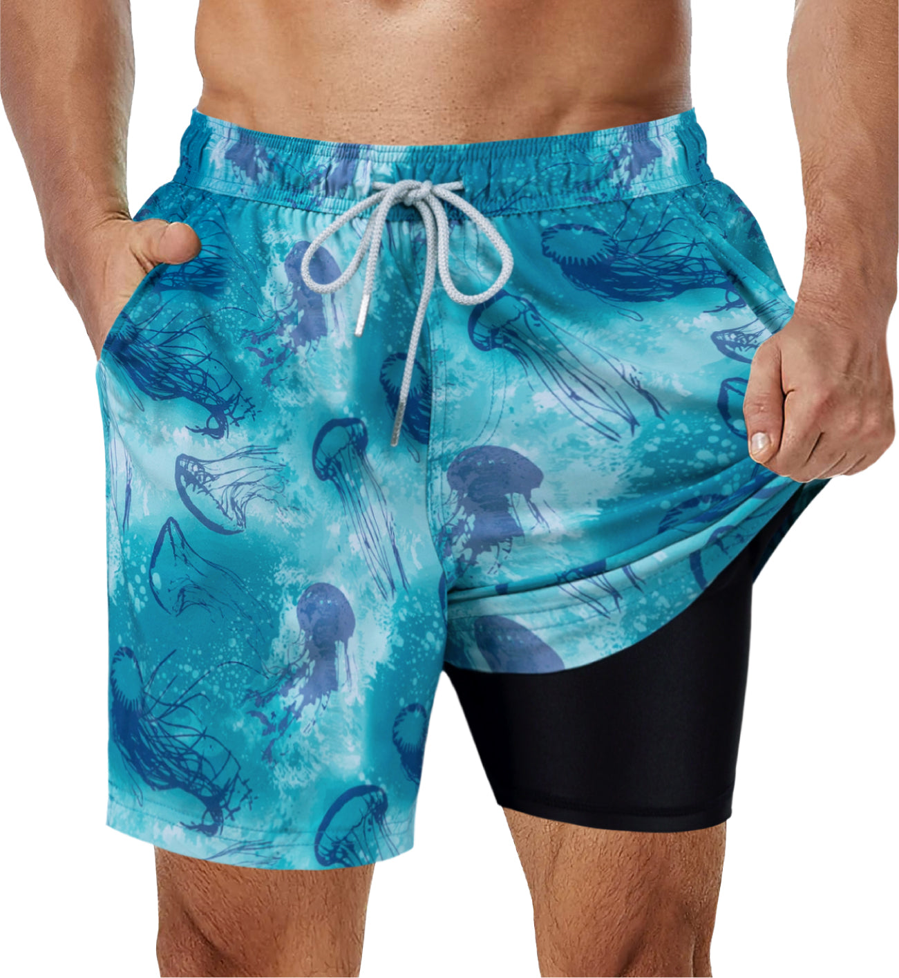 Marineblaue Badeshorts mit lebendigem