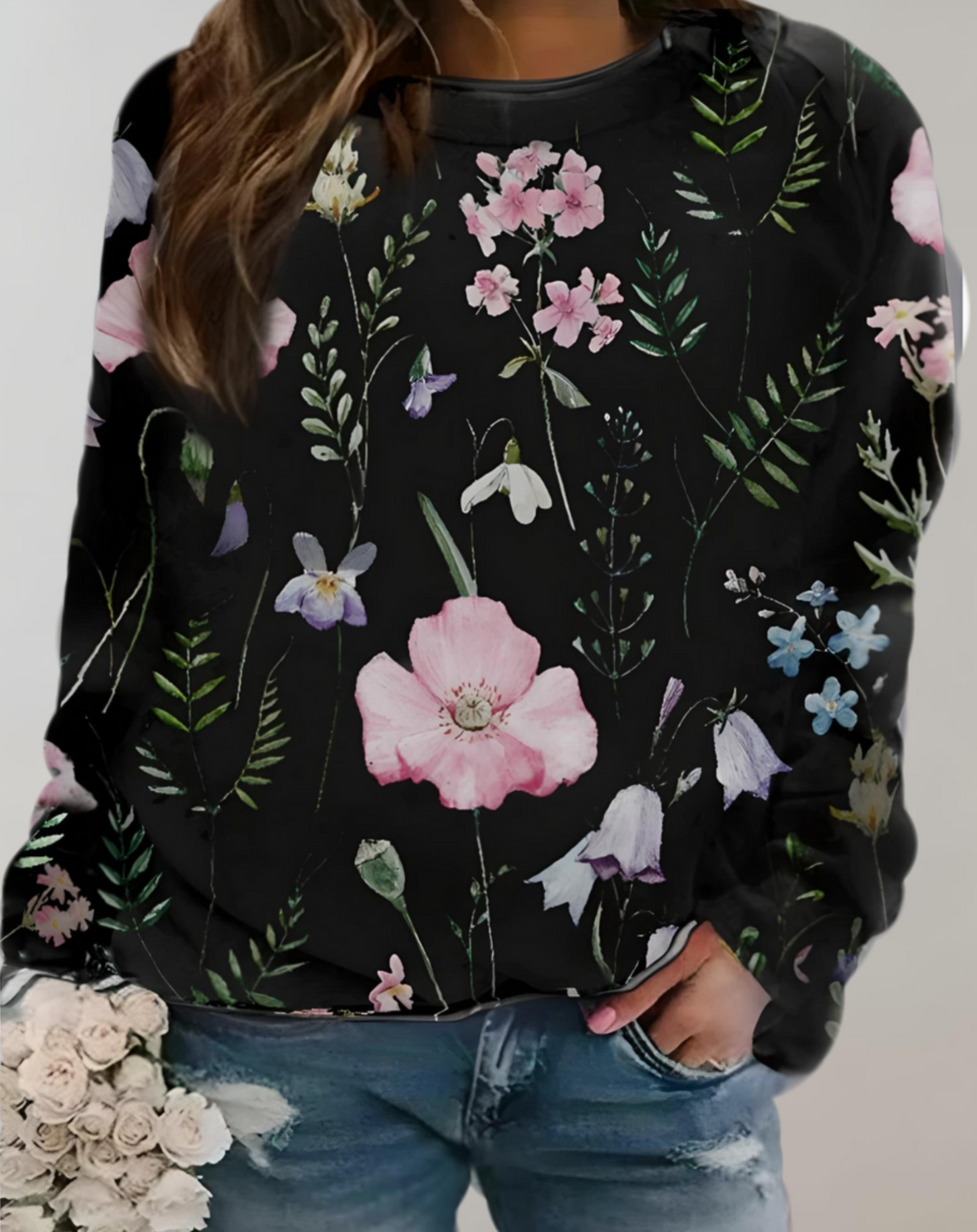 Legerer Pullover mit Rundhalsausschnitt und Blumenmuster