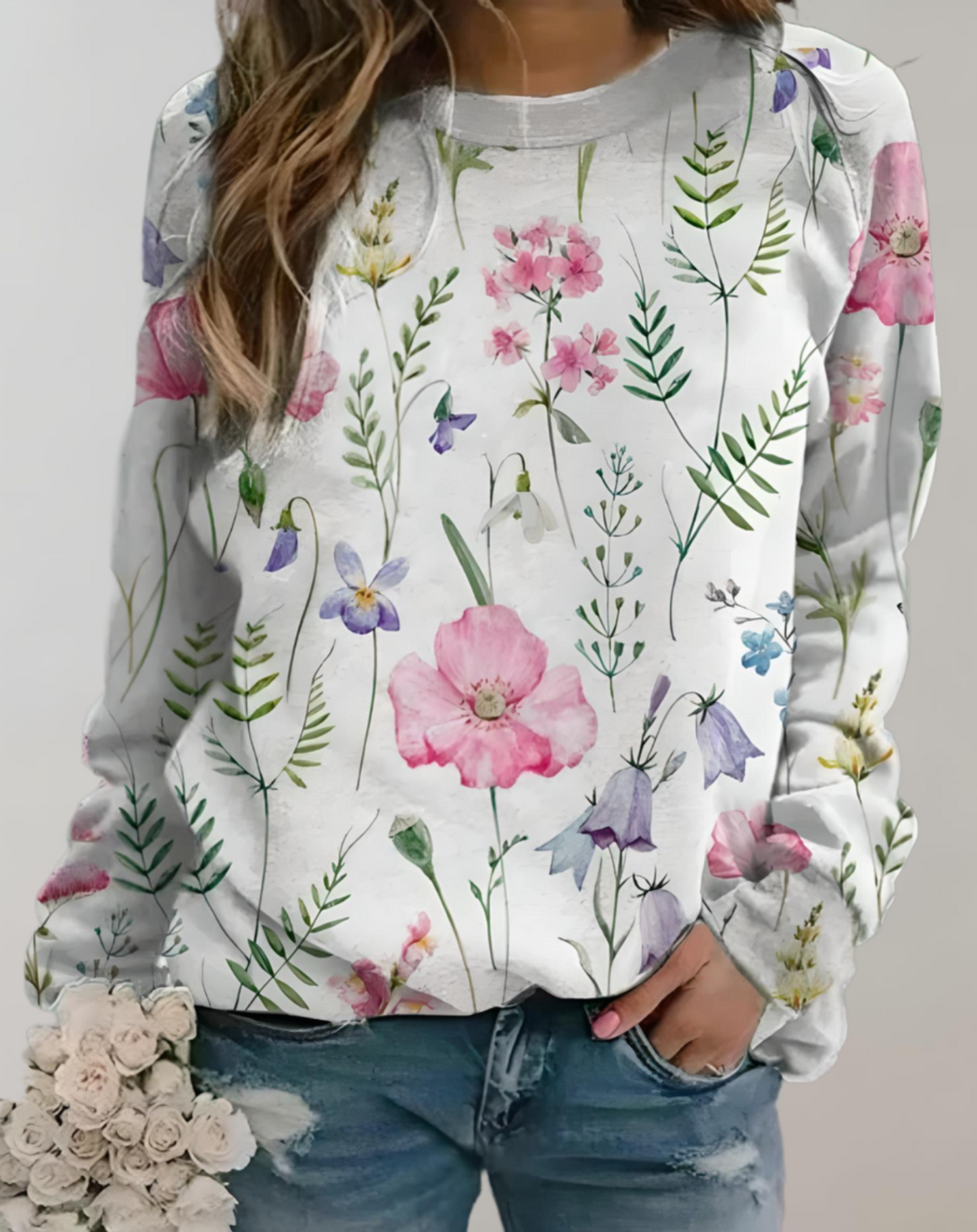 Legerer Pullover mit Rundhalsausschnitt und Blumenmuster