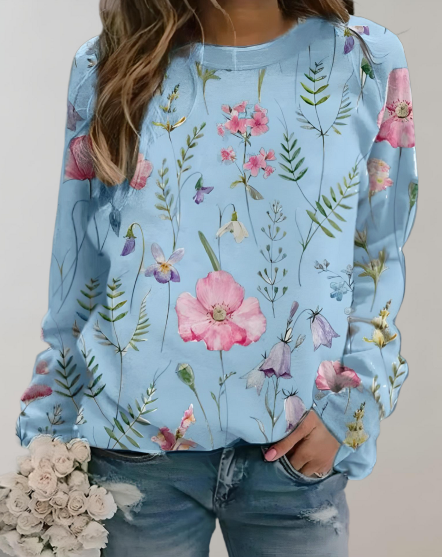 Legerer Pullover mit Rundhalsausschnitt und Blumenmuster