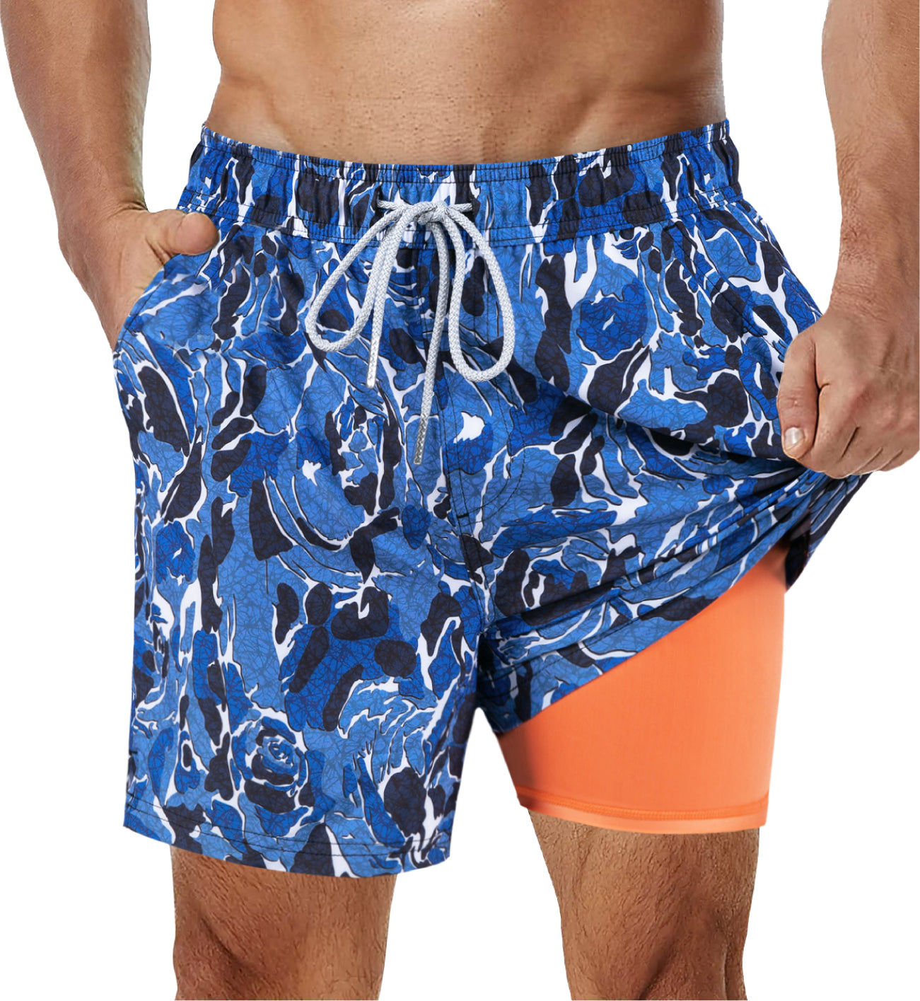 Marineblaue Badeshorts mit lebendigem