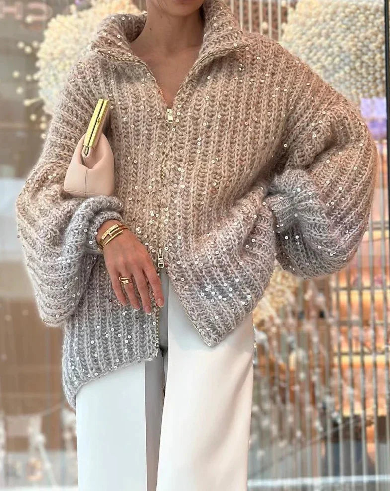 Arina - Elegante Glitzerende Strickjacke Mit Reißverschluss