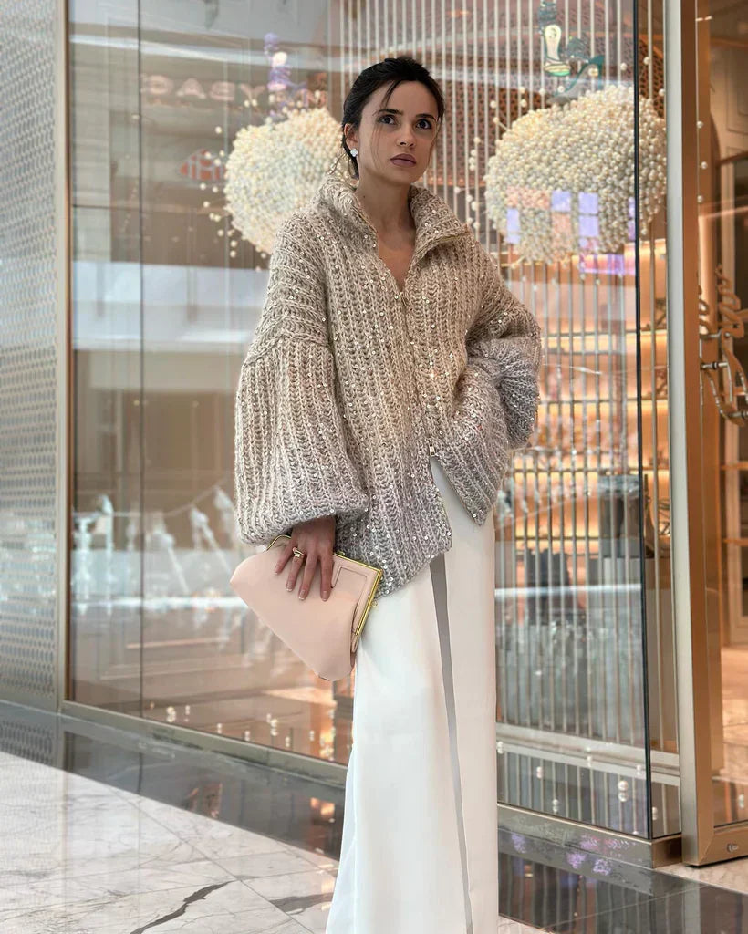 Arina - Elegante Glitzerende Strickjacke Mit Reißverschluss