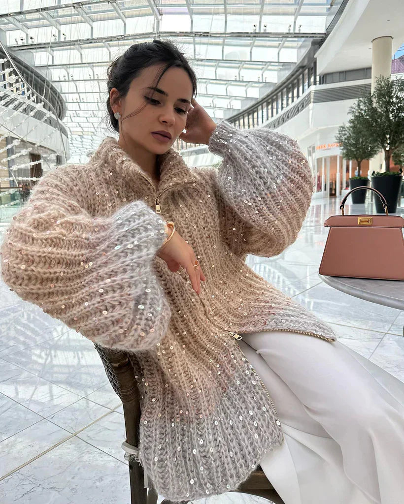 Arina - Elegante Glitzerende Strickjacke Mit Reißverschluss