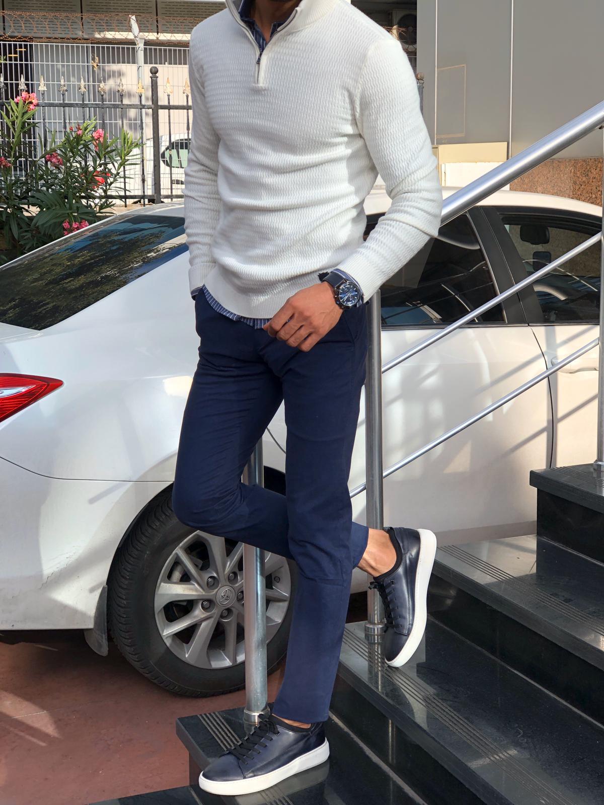 Slim-Fit Zippered Half-Necked Knitwear Ecru-baagr.myshopify.com-sweatshirts-BOJONI