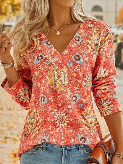 SpringStil® - Boho Sommer Blume Rot V-Ausschnitt Top
