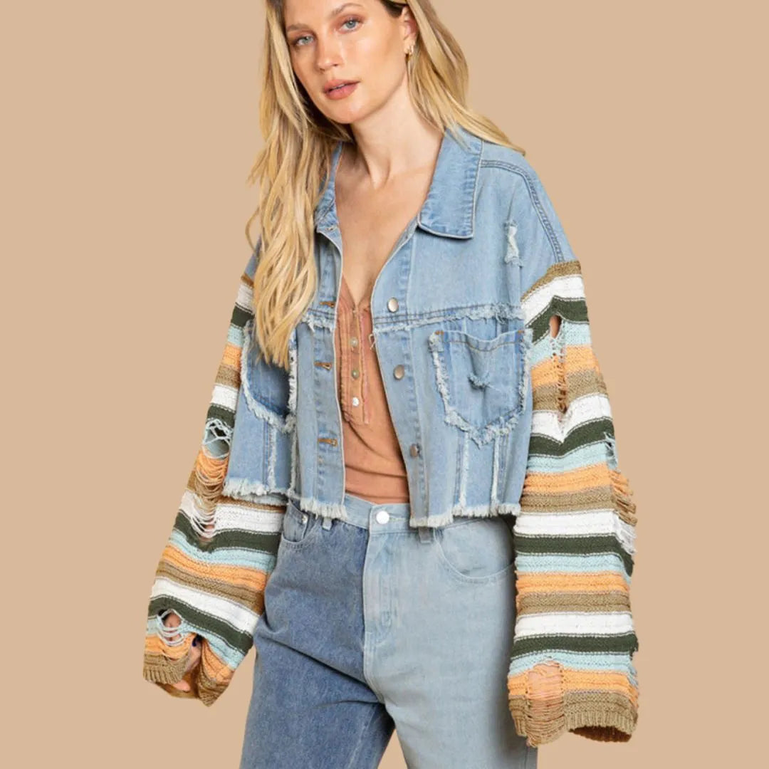 Bunte Strickärmel Denimjacken für Frauen - Herbst/Winter Trend