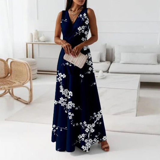 FallStil® - Marineblaues ärmelloses Maxikleid mit Blumendruck