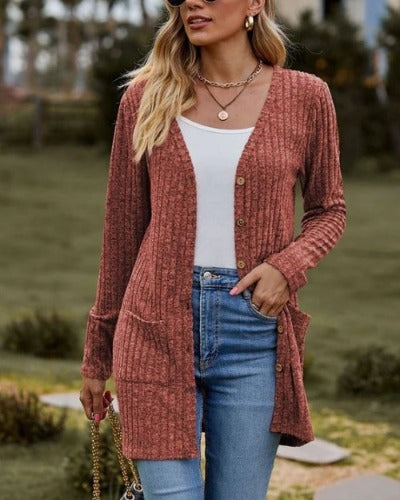 Delyssa - Lange Strickjacke mit Knöpfen