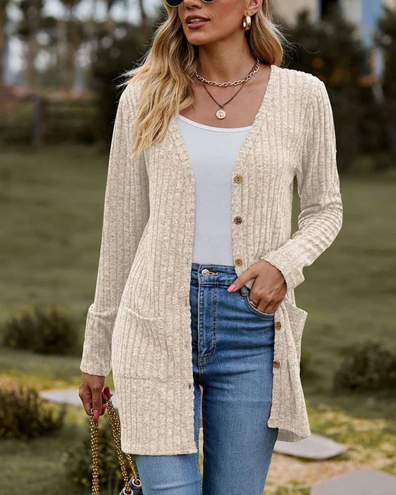 Delyssa - Lange Strickjacke mit Knöpfen