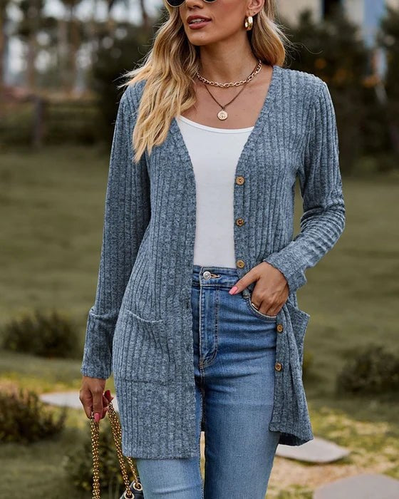 Delyssa - Lange Strickjacke mit Knöpfen