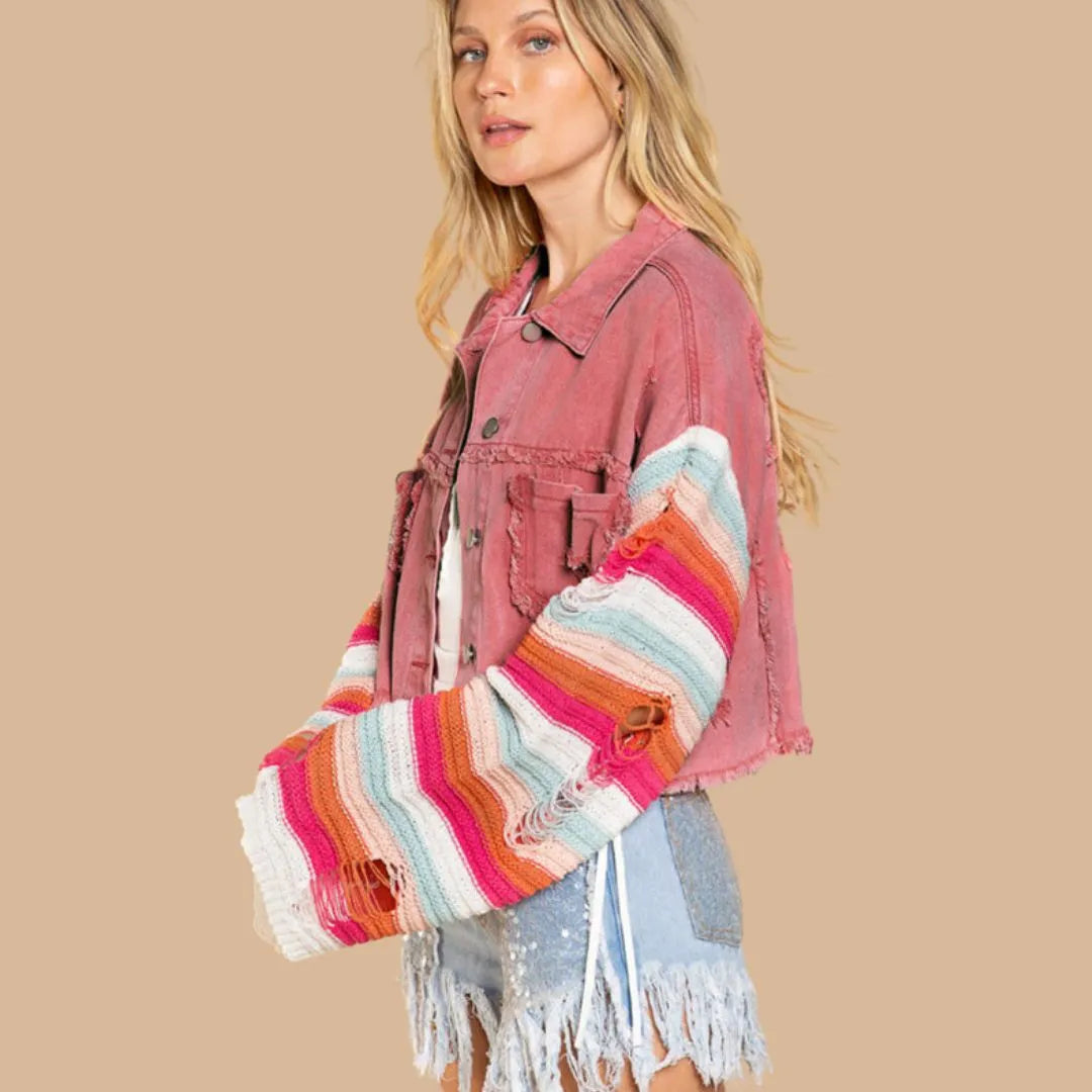 Bunte Strickärmel Denimjacken für Frauen - Herbst/Winter Trend