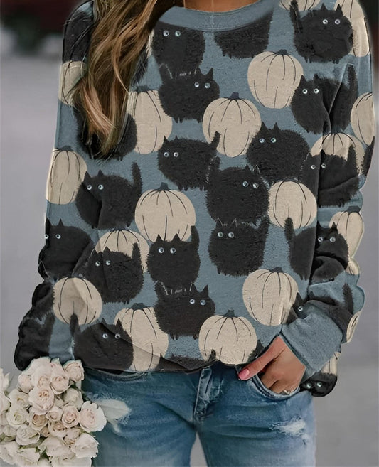 Sweatshirt mit Halloween-Katzen-Druck