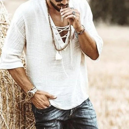 Liam - Boho Black Lace-Up Shirt