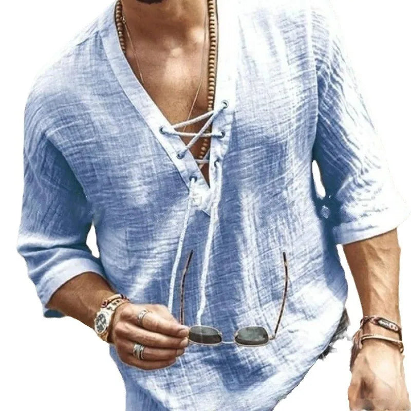 Liam - Boho Black Lace-Up Shirt