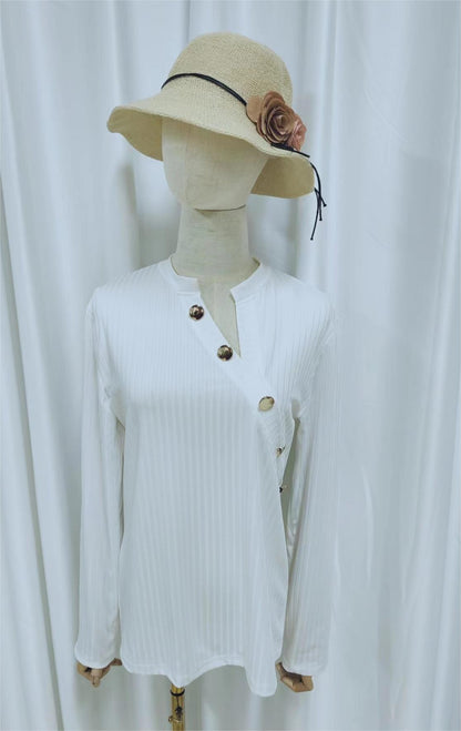 FallStil® - Weißes asymmetrisches langärmeliges Oberteil mit Knopfleiste