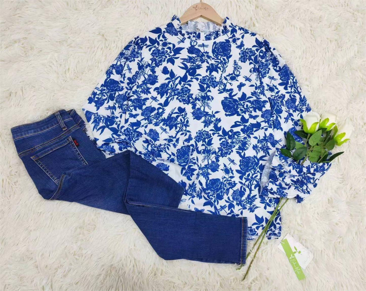 Even&Vil® - Sweet Plant Blaues langärmeliges Top