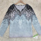 FallStil® - Blau-graues Oceanic Luxe Print V-Ausschnitt Langarm-Top