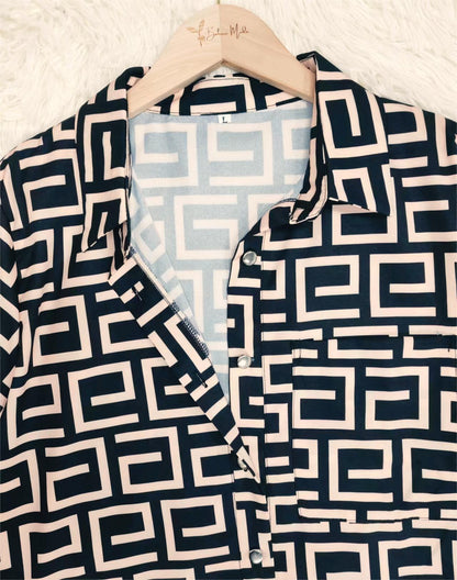 SpringStil® - Greek Key Schwarz & Tan Langarm-Bluse Top