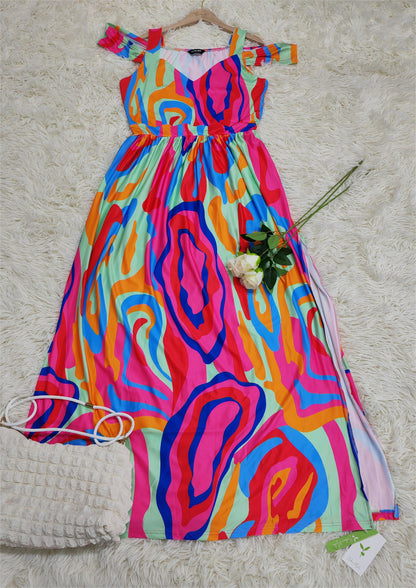 SpringStil® - Bunter Wirbel Kaltes Schulterkleid mit hohem Schlitz Maxikleid