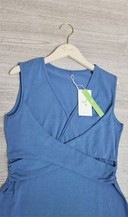 FallStil® - Blaues ärmelloses Midikleid mit V-Ausschnitt und verdrehter Front