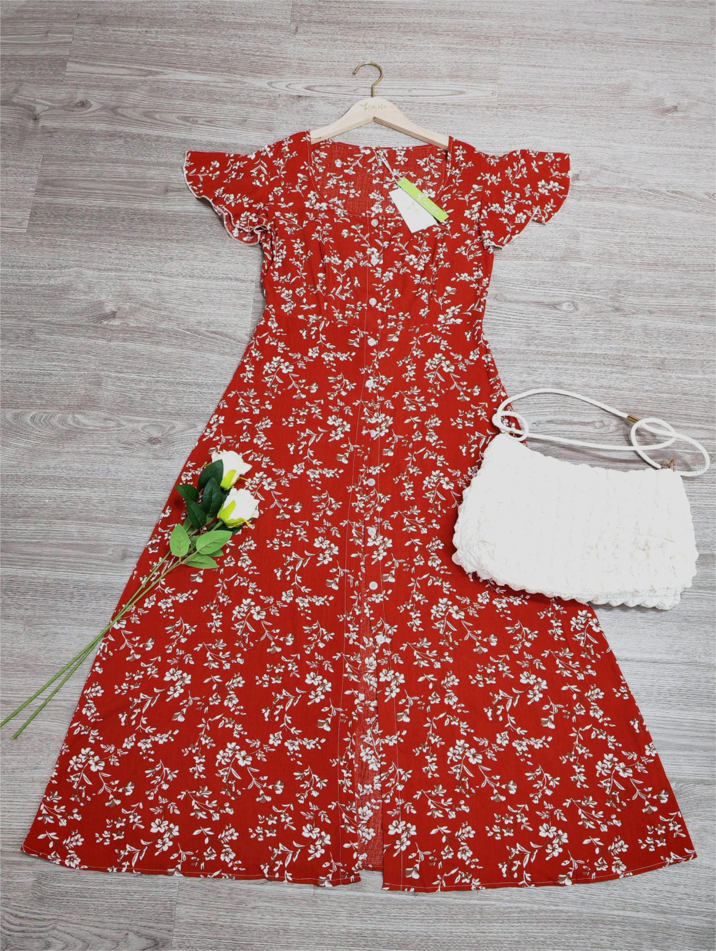 FallStil® - Elegantes Rotes Print Midikleid mit quadratischem Ausschnitt