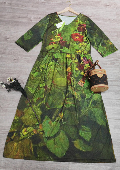 SpringStil® - Grünes 3/4-Ärmel-Maxikleid mit V-Ausschnitt