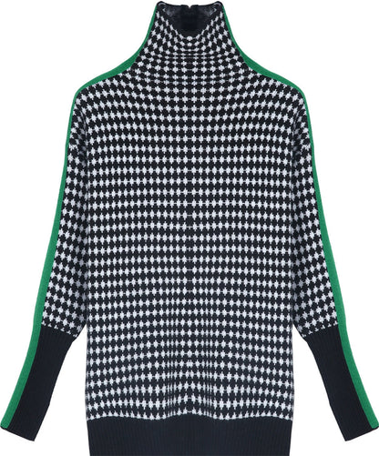 Even&Vil® - Grün gestreifter Pullover mit schwarzem und weißem Rautenmuster