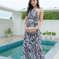 SpringStil® - Weiß Schwarz Zebra Print Asymmetrisches Maxikleid mit Frontschlitz