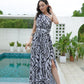 SpringStil® - Weiß Schwarz Zebra Print Asymmetrisches Maxikleid mit Frontschlitz