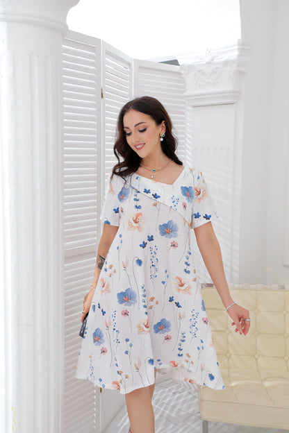 SpringStil® - Frisches weißes buntes Blumendruck V-Ausschnitt Minikleid