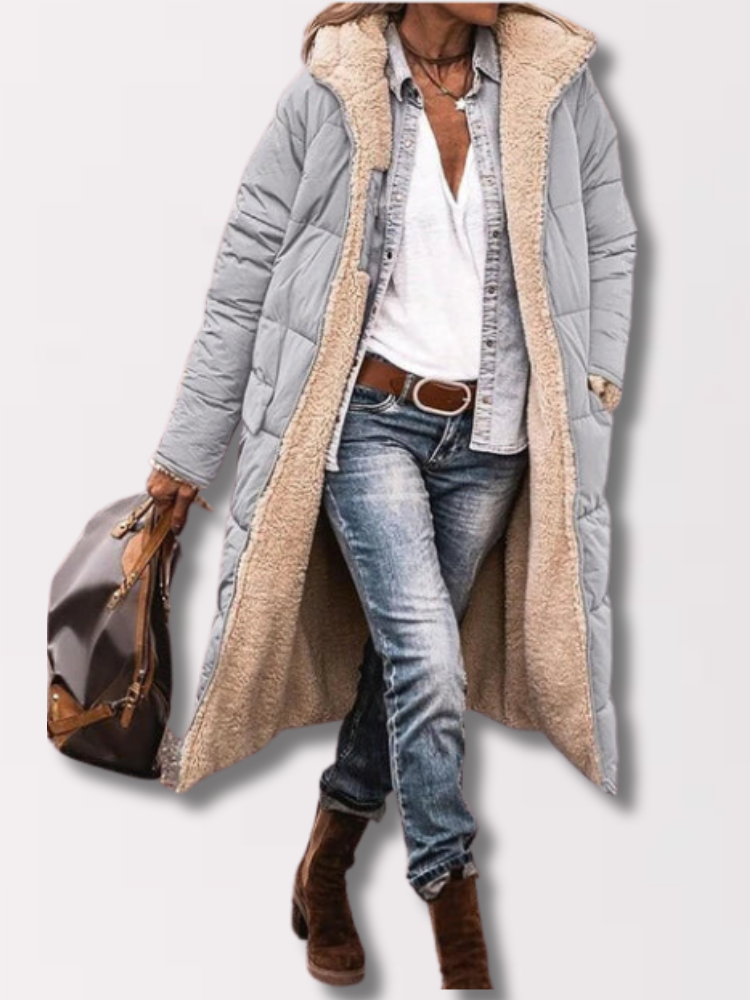 Briella - lange Sherpa Pufferjacke (mit Kapuze)