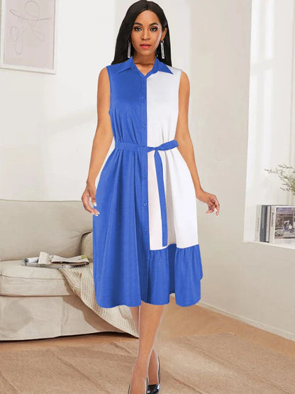 Lara - Blau-Weißes Colorblock Midikleid