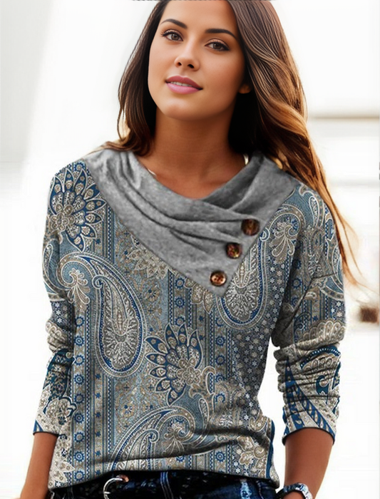 FallStil® - Blaues Paisley-Top mit grauem Umlegekragen und langen Ärmeln